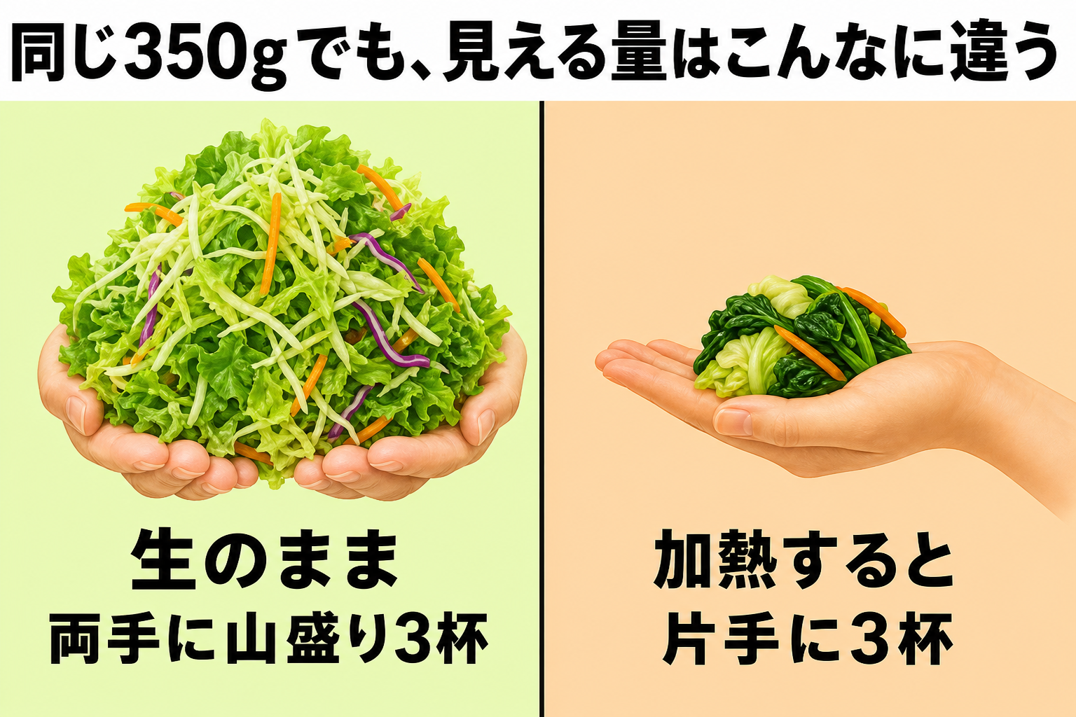 同じ350gでも生なら両手に山盛り3杯　加熱すると片手に3杯に減ることを比べた図