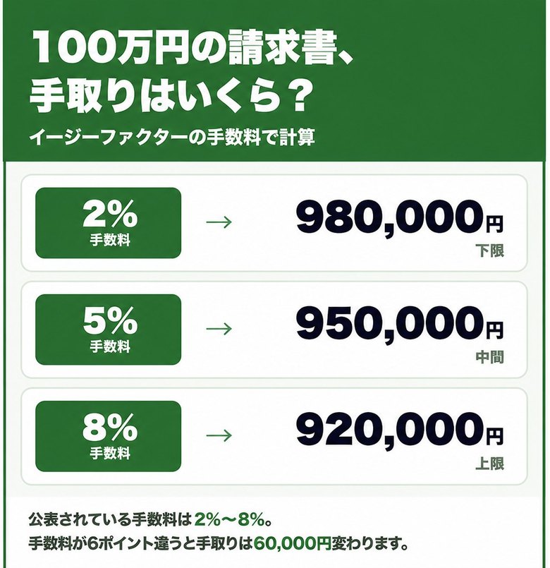 イージーファクターの手数料2%〜8%で100万円の請求書を売った場合の手取り額の早見表