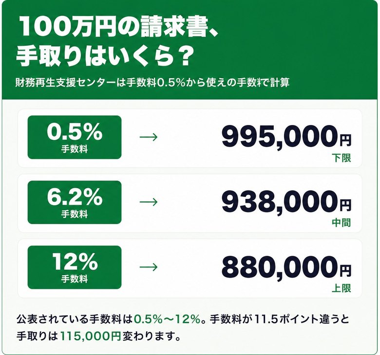 財務再生支援センターの手数料0.5%〜12%で100万円の請求書を売った場合の手取り額の早見表